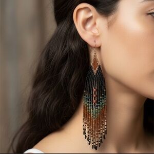 Multicolour Autumn Beaded Tassel Earrings. New.